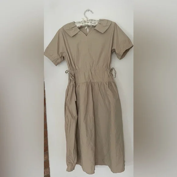 Masion Limo Beige Midi Dress Puff Sleeve Drawstring Waist Minimalist Chic - Picture 5 of 9